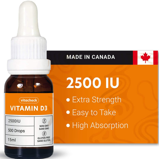 Vitacheck Vitamin D3 2500IU Liquid D3 Drops with Organic Olive Oil, 500 Servings, 15ml