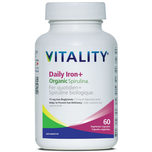 Vitality Daily Iron + Organic Spirulina, 15mg Iron Bisglycinate with Methylcobalamin B12 L-5-MTHF Folate and Vitamin C, Helps Prevent Iron Deficiency Anemia, 30-60 Vegetable Capsules