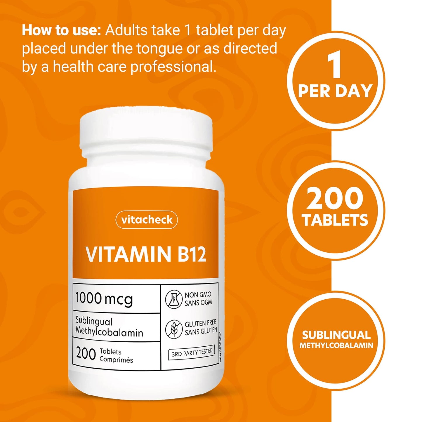 Vitacheck Vitamin B12 1000mcg, Sublingual B12 Quick Dissolve Methylcobalamin, Supports Energy, Healthy Nerve and Blood Cells, 200 Sublingual Tablets