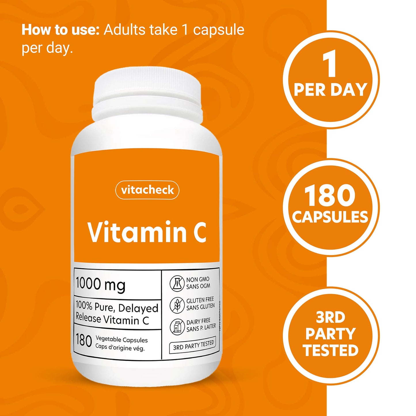 Vitacheck Vitamin C 1000mg Capsules, 100% Pure, Helps Boost Immune System and Skin Health, 180 Delayed Release Vegetable Capsules