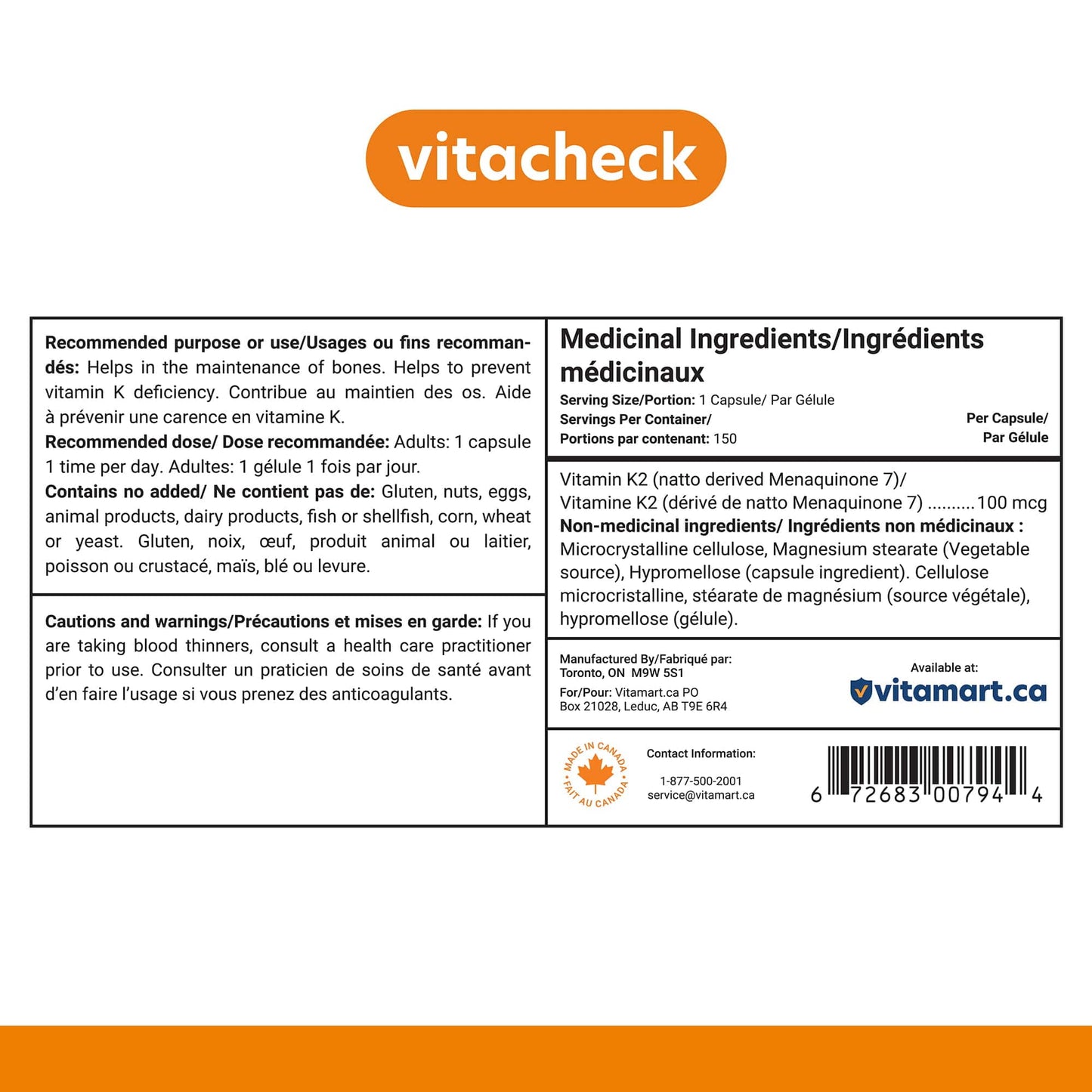 Vitacheck Vitamin K2 100mcg, Natto-Derived MK-7, Supports Bone and Heart Health, 150 Vegetable Capsules