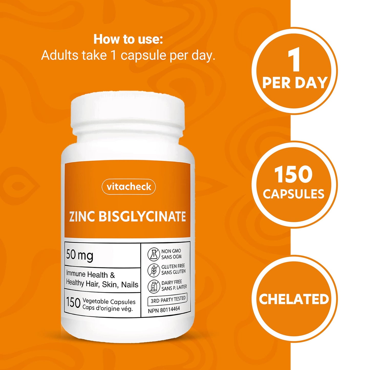 Vitacheck Zinc Bisglycinate 50mg, Chelated, Supports Immune Health, Skin, Hair and Wound Healing, 150 Vegetable Capsules CLEARANCE 25% Off Exp 5/28 Final Sale