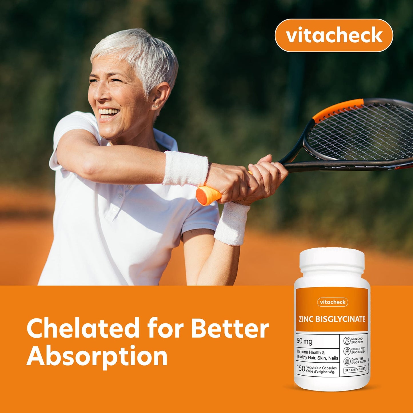 Vitacheck Zinc Bisglycinate 50mg, Chelated, Supports Immune Health, Skin, Hair and Wound Healing, 150 Vegetable Capsules CLEARANCE 25% Off Exp 5/28 Final Sale