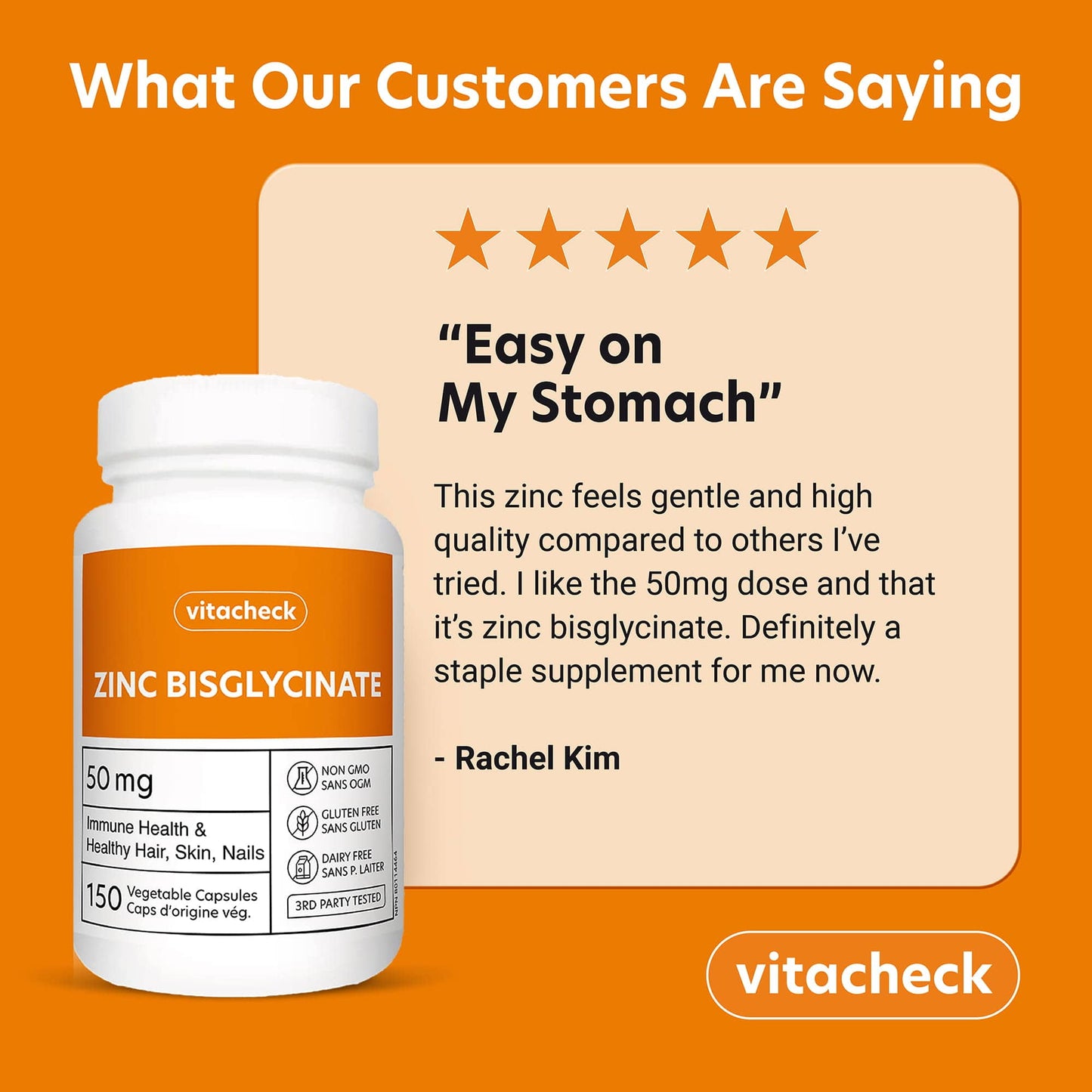 Vitacheck Zinc Bisglycinate 50mg, Chelated, Supports Immune Health, Skin, Hair and Wound Healing, 150 Vegetable Capsules CLEARANCE 25% Off Exp 5/28 Final Sale