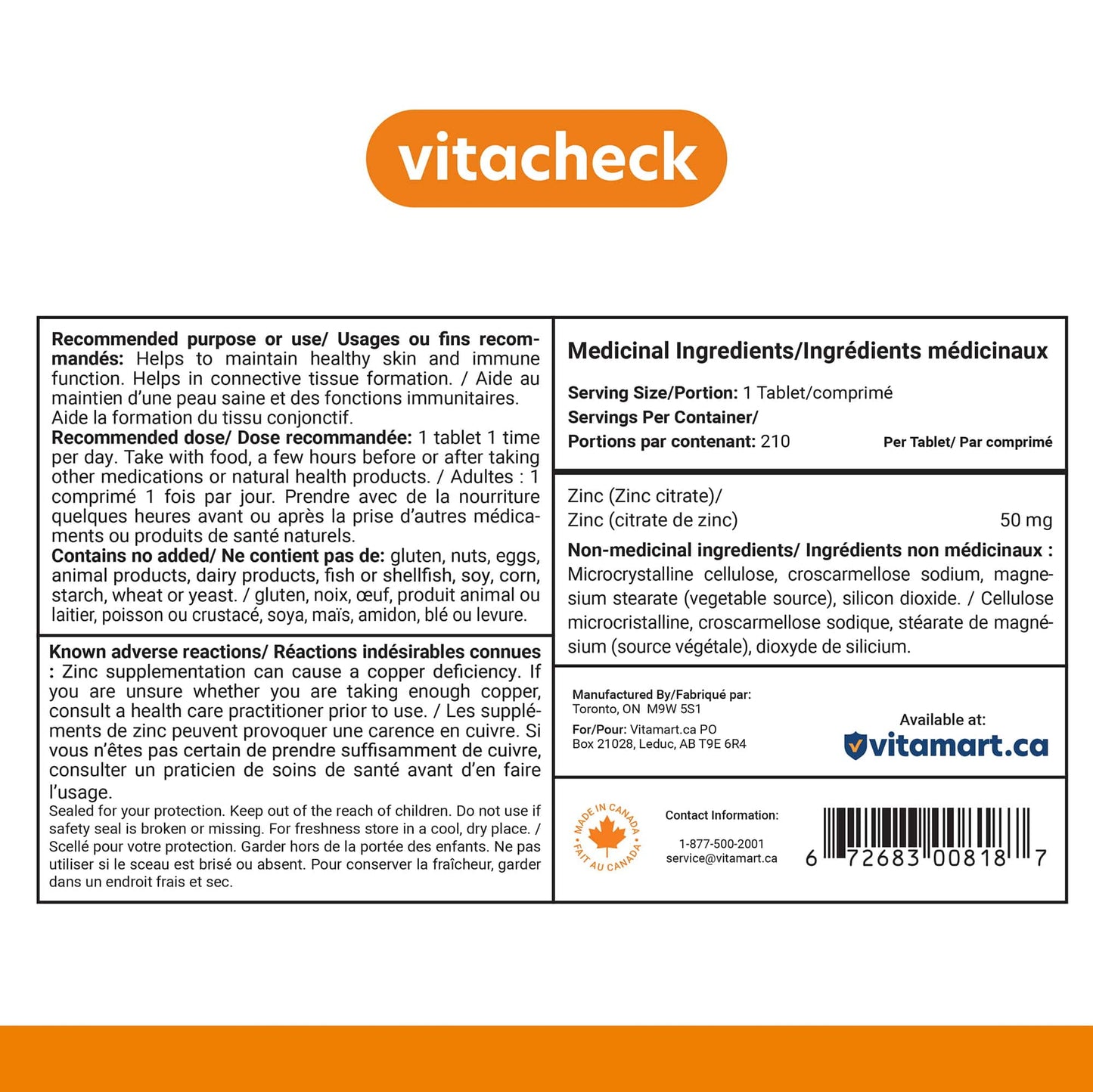 Vitacheck Zinc Citrate 50mg, Chelated, Supports Immune and Skin Health, 210 Tablets CLEARANCE 25% Off, Expiry 4/28 Final Sale