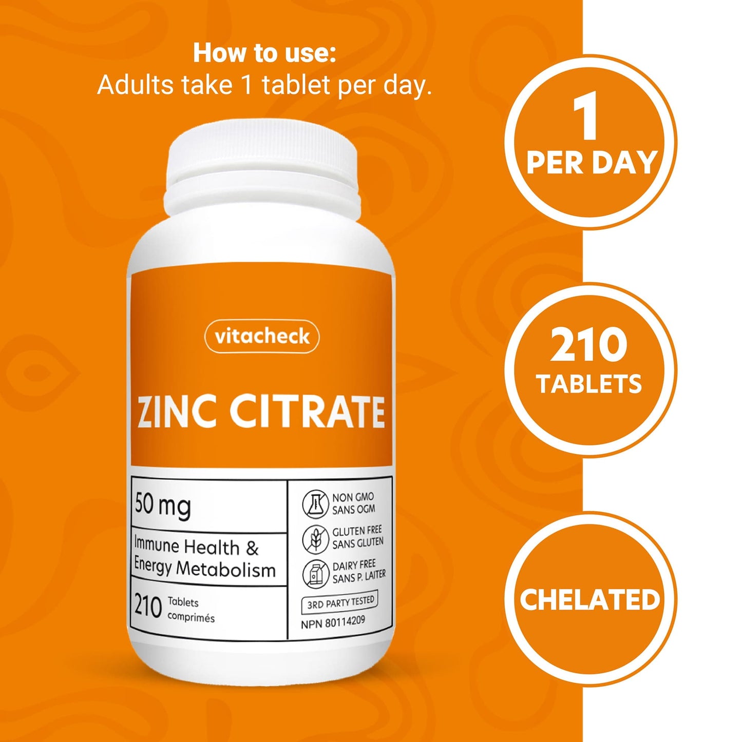 Vitacheck Zinc Citrate 50mg, Chelated, Supports Immune and Skin Health, 210 Tablets CLEARANCE 25% Off, Expiry 4/28 Final Sale