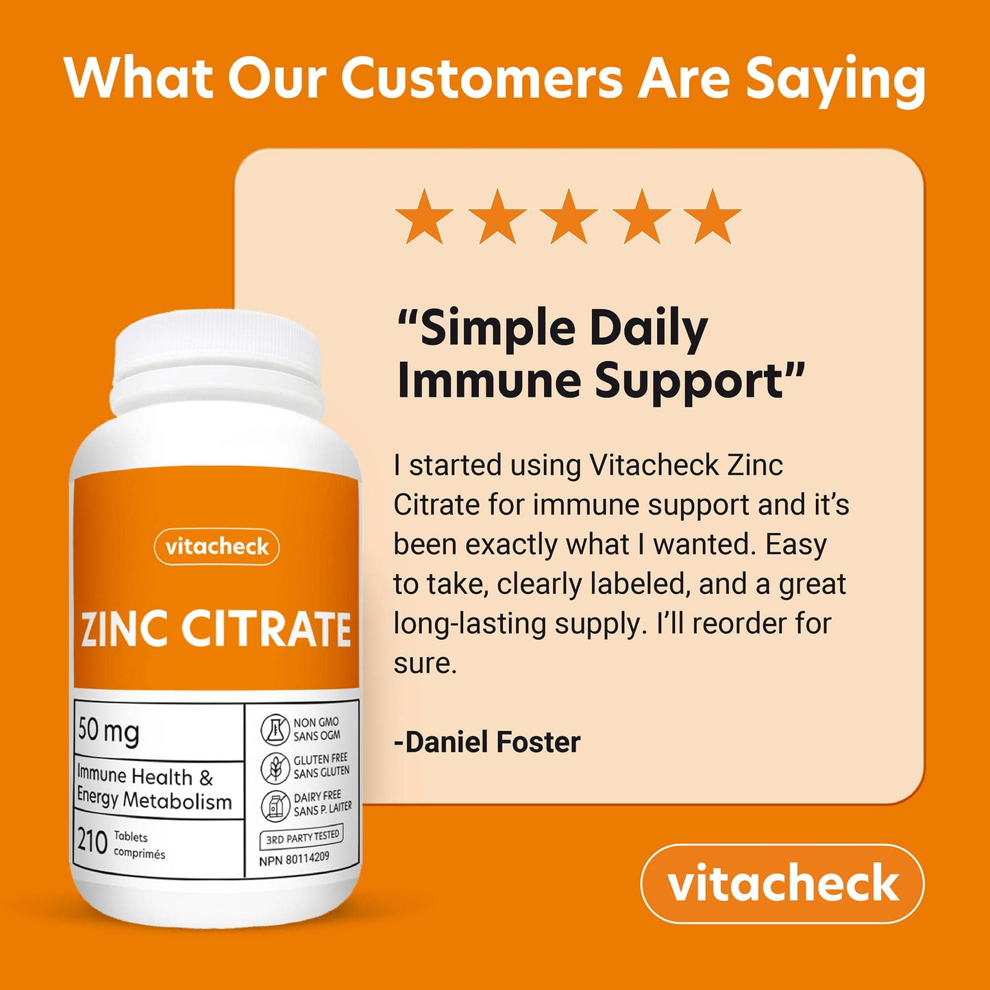 Vitacheck Zinc Citrate 50mg, Chelated, Supports Immune and Skin Health, 210 Tablets CLEARANCE 25% Off, Expiry 4/28 Final Sale