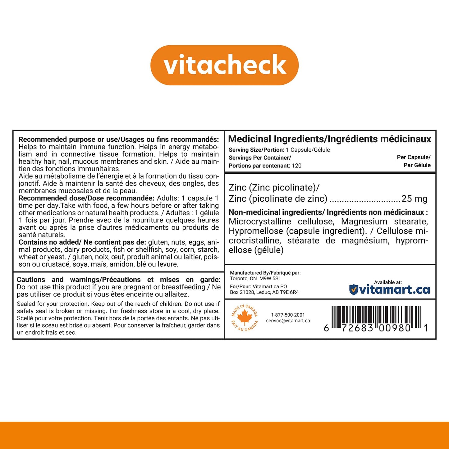 Vitacheck Zinc Picolinate 25mg Extra Strength, Chelated, Immune Health, Energy Metabolism, Hair and Nail Health, 120 Vegetable Capsules