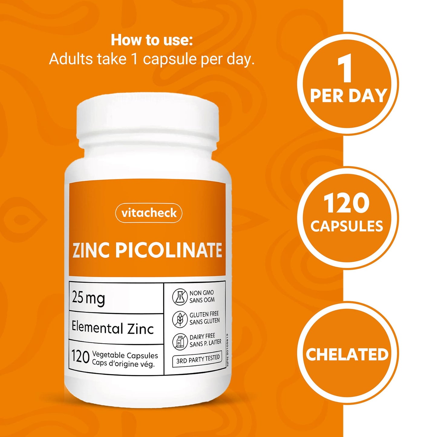 Vitacheck Zinc Picolinate 25mg Extra Strength, Chelated, Immune Health, Energy Metabolism, Hair and Nail Health, 120 Vegetable Capsules