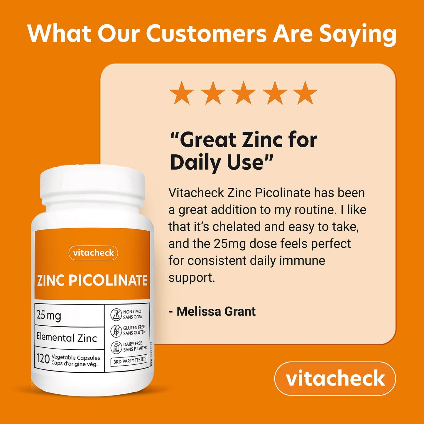 Vitacheck Zinc Picolinate 25mg Extra Strength, Chelated, Immune Health, Energy Metabolism, Hair and Nail Health, 120 Vegetable Capsules