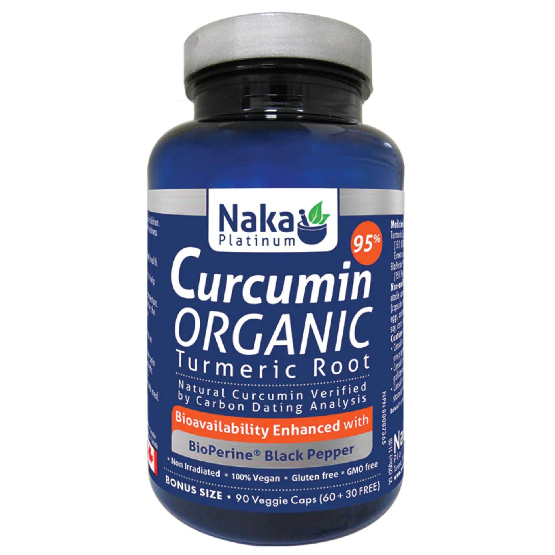 90 Vegetable Capsules | Naka Platinum Curcumin Organic Turmeric Root with Bioperine Black Pepper bottle