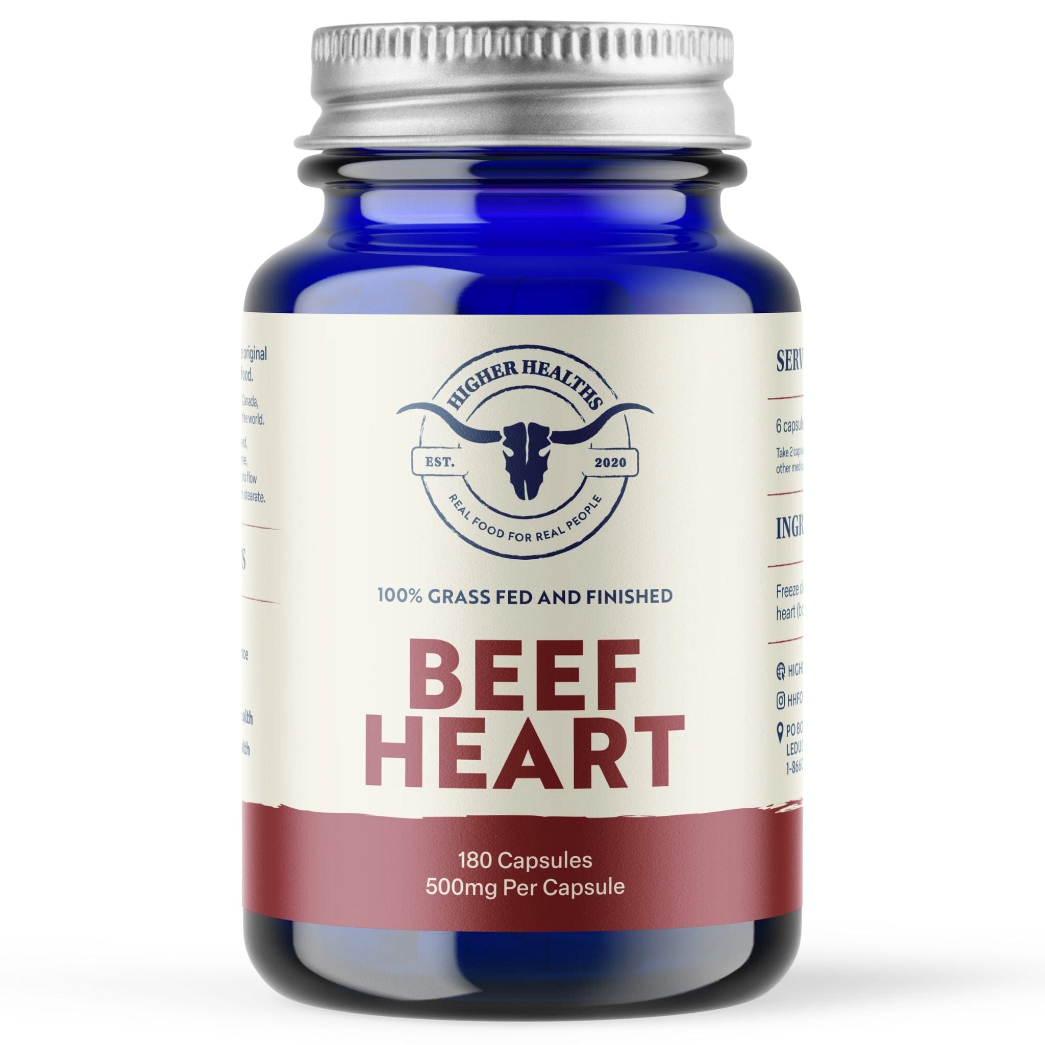 Higher Healths GrassFed Beef Kidney 500mg, 180 Capsules
