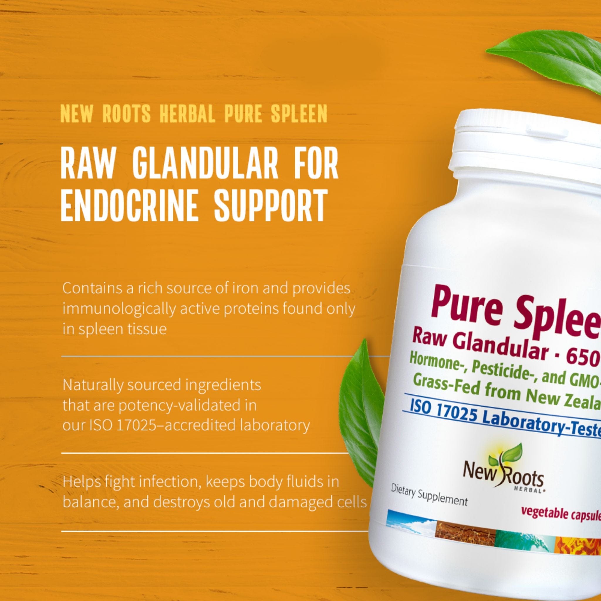 New Roots Grass Fed Beef Spleen 650mg, Raw Glandular, 30 Capsules