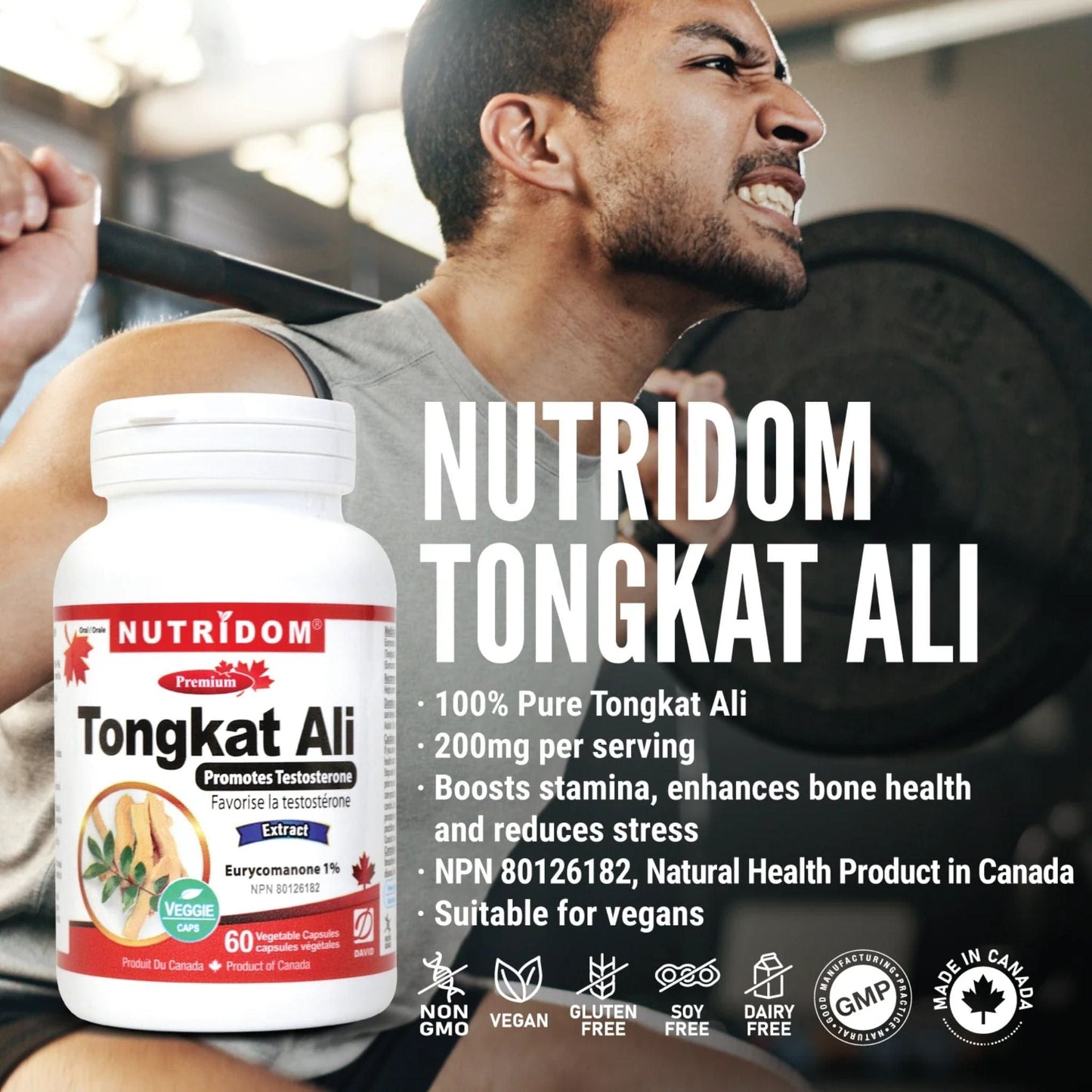 60 Vegetable Capsules | Nutridom Tongkat Ali Extract Bottle with Man lifting weights