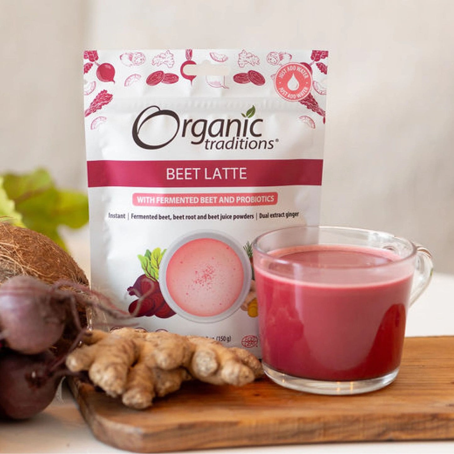 150g | Organic Traditions Beet Latte With Fermented Beet And Probiotics 5.3oz // Infographic