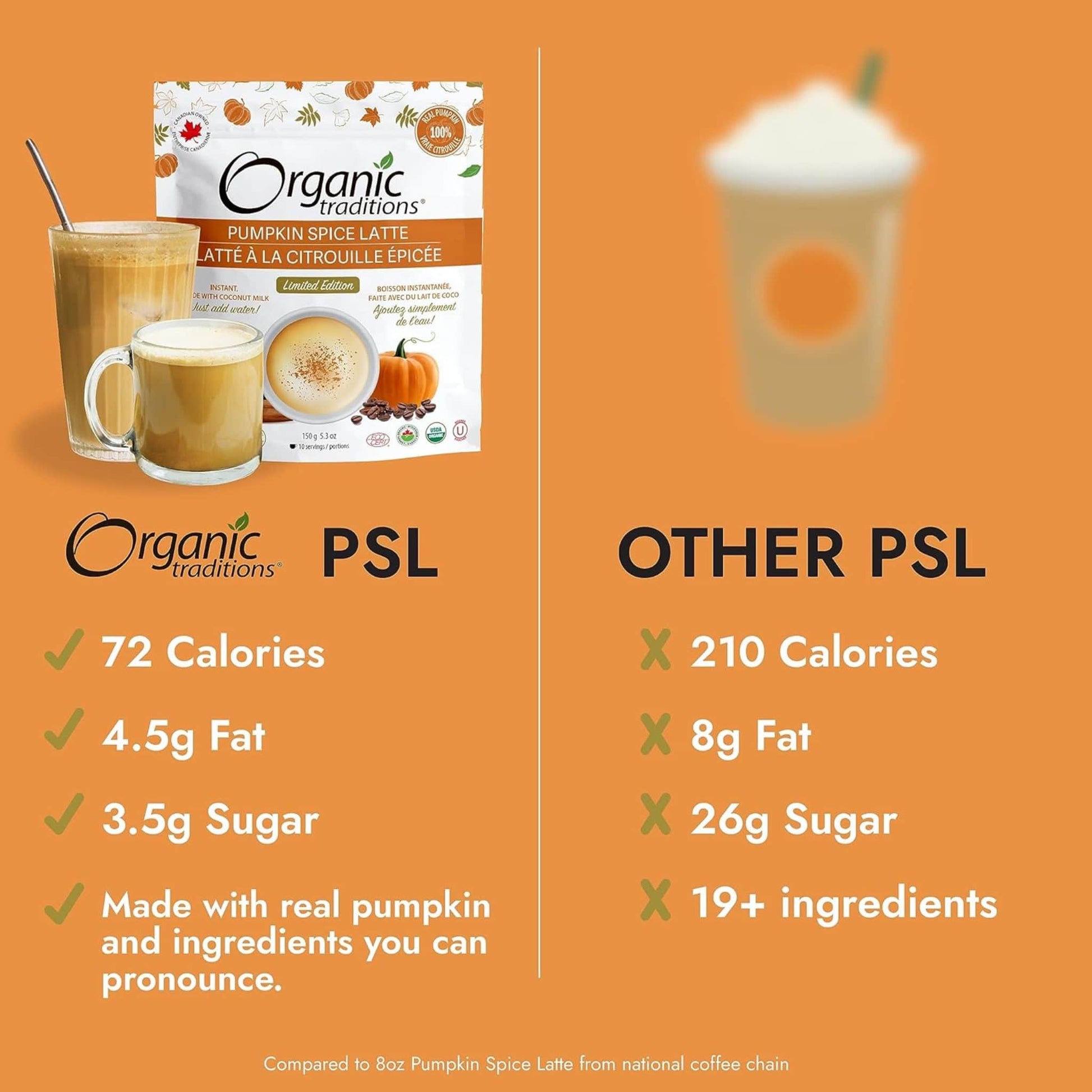 150g 5.3 oz | Organic Traditions Pumpkin Spice Latte Limited Edition 18 servings // Product Comparison