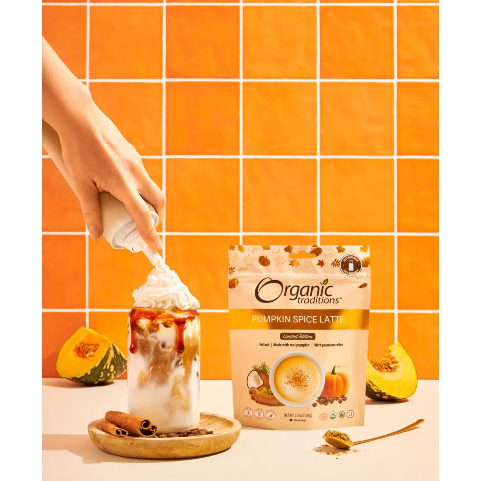 150g 5.3 oz | Organic Traditions Pumpkin Spice Latte Limited Edition 18 servings // Infographic