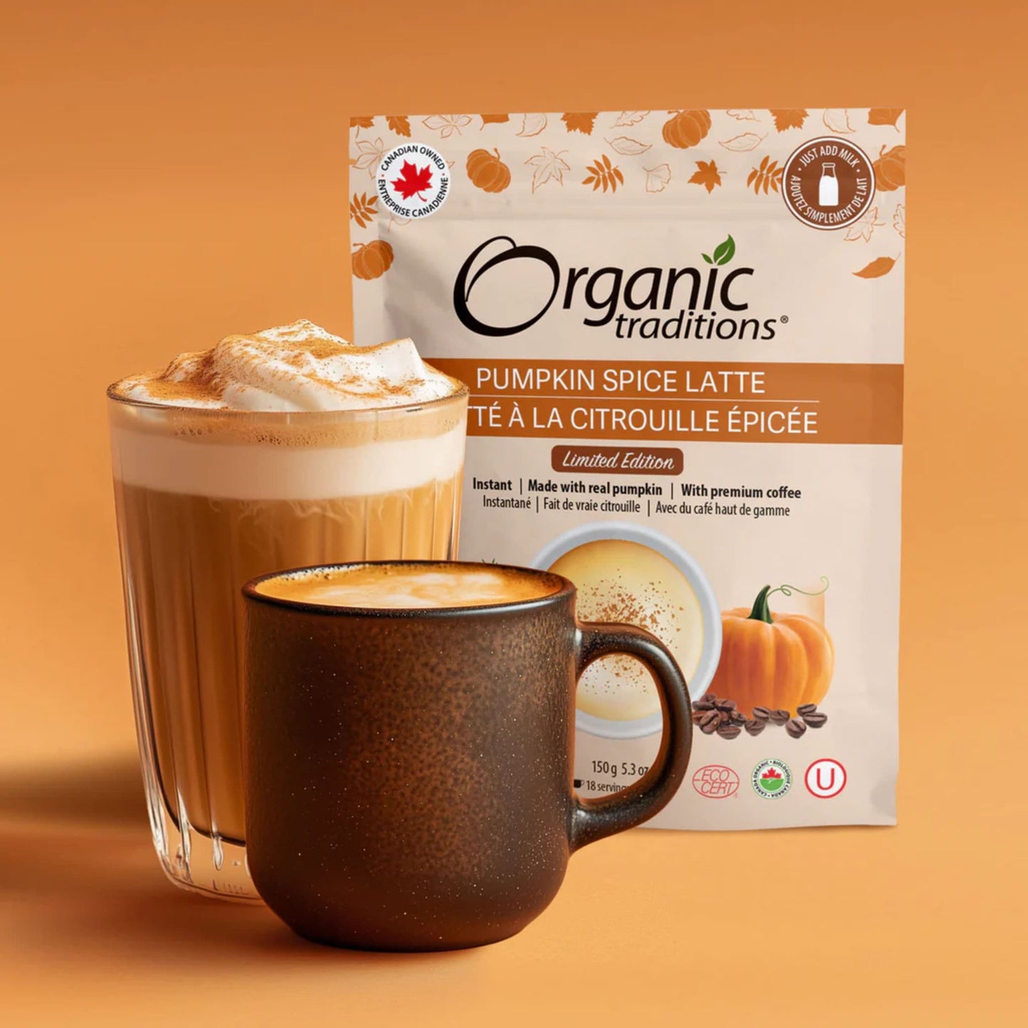 150g 5.3 oz | Organic Traditions Pumpkin Spice Latte Limited Edition 18 servings // Infographic