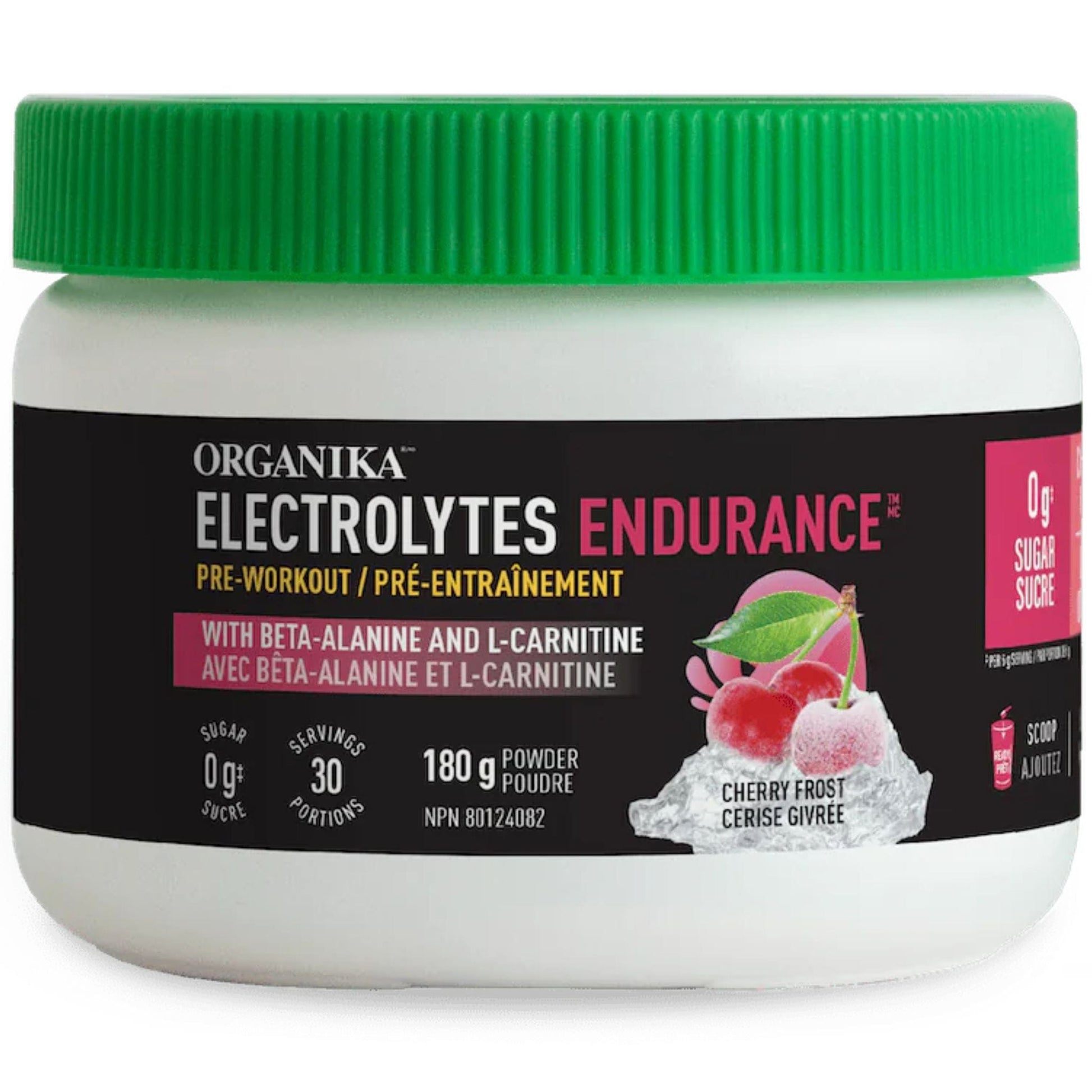 organika-electrolytes-endurance-pre-workout-beta-alanine-and-l-carnitine-cherry-frost-180g-front-bottle