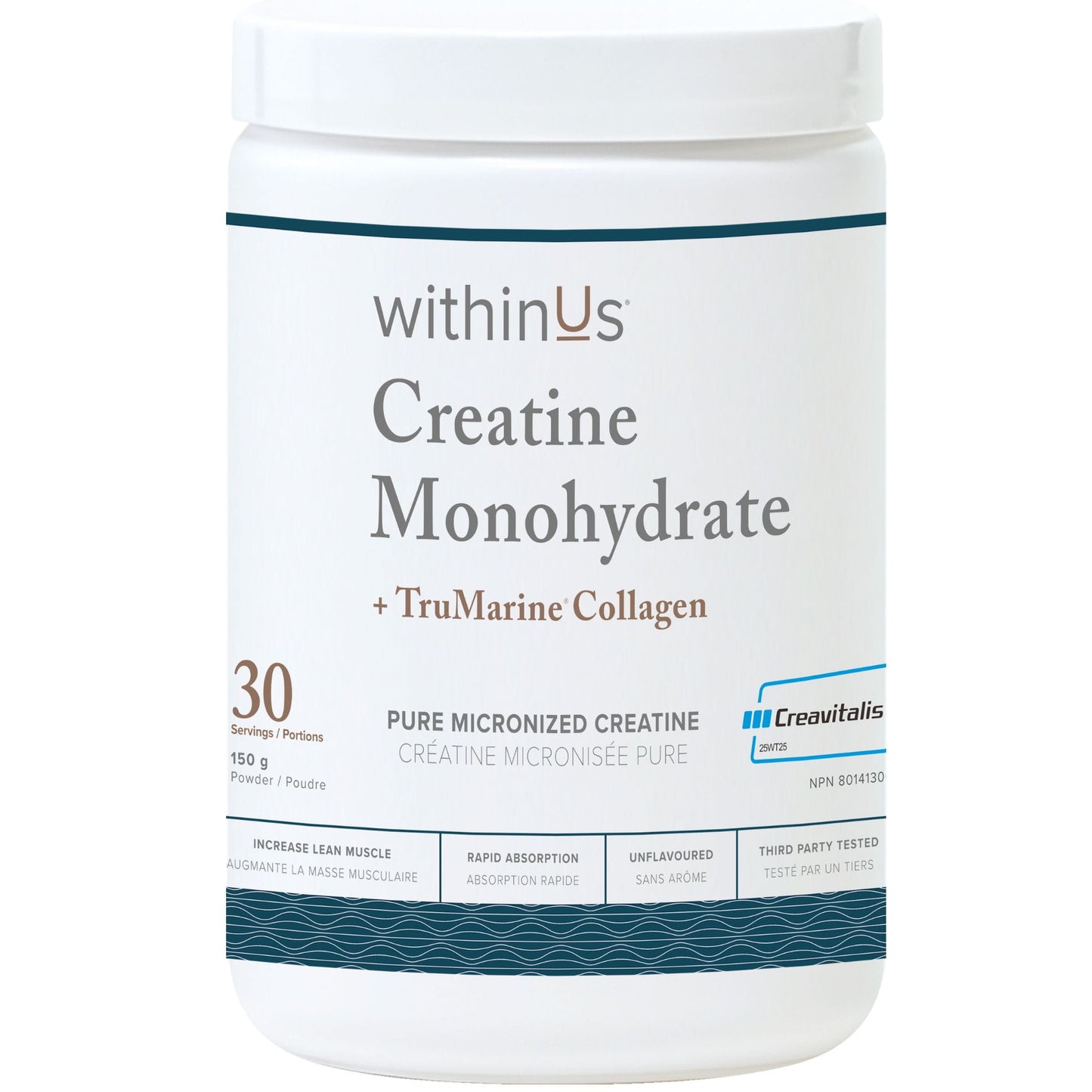 withinUs Creatine Monohydrate + TruMarine Collagen, Two Ingredients, Increases Lean Muscle Mass with Resistance Training, 150g