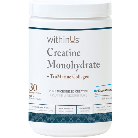 withinUs Creatine Monohydrate + TruMarine Collagen, Two Ingredients, Increases Lean Muscle Mass with Resistance Training, 150g