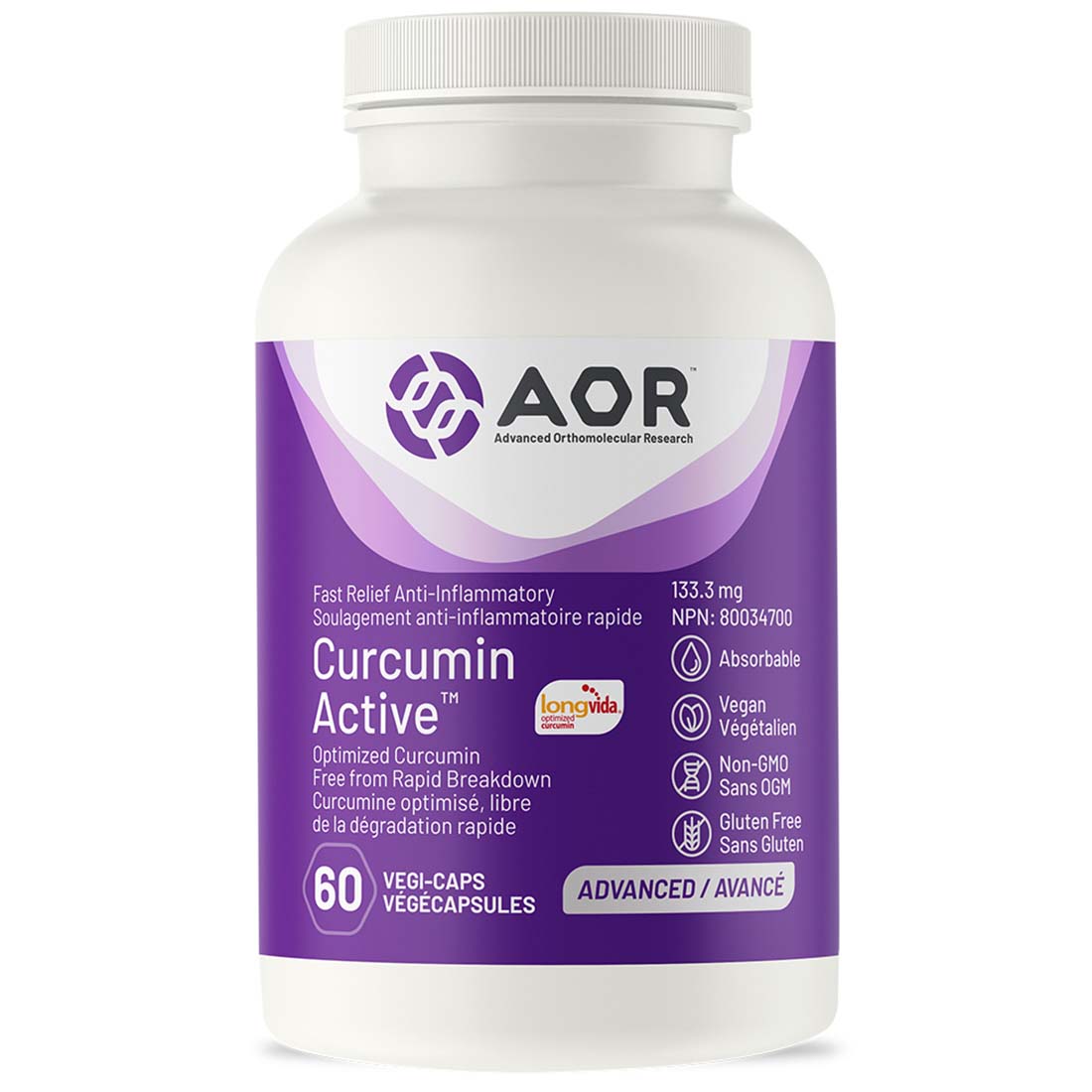 AOR Curcumin Active (100X More Bioavailable VS Standard Curcumin), 60 Vegi-Capsules