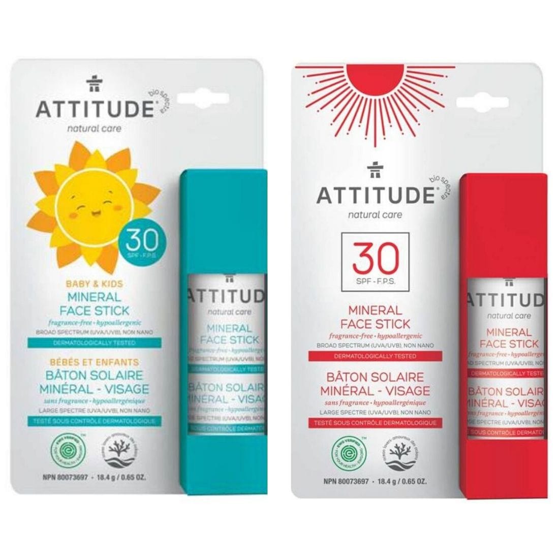 Attitude Skincare SPF 30 Mineral Sunscreen Face Stick, BABY, KIDS, and ADULTS, 18.4g