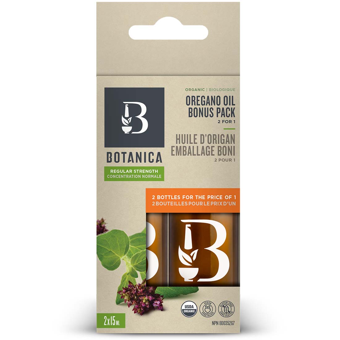 Botanica Organic Oregano Oil Drops, Regular Strength 1:3, 75-85% Carvacrol
