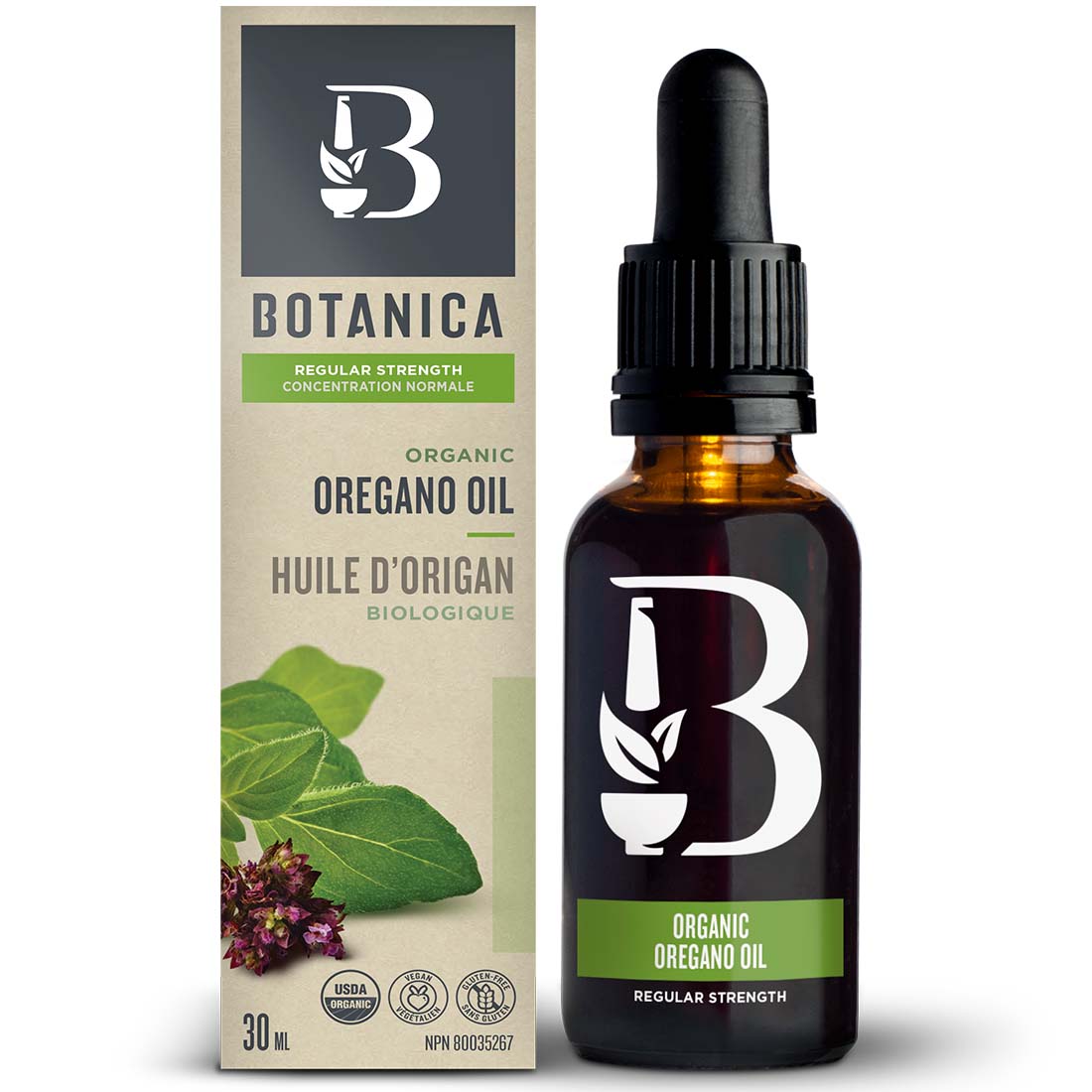 Botanica Organic Oregano Oil Drops, Regular Strength 1:3, 75-85% Carvacrol