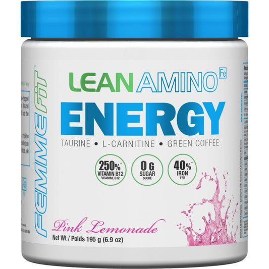 FEMMEFit Lean Amino Energy, Diet and Energy Drink, 0g Sugar, Pink Lemonade, 195g
