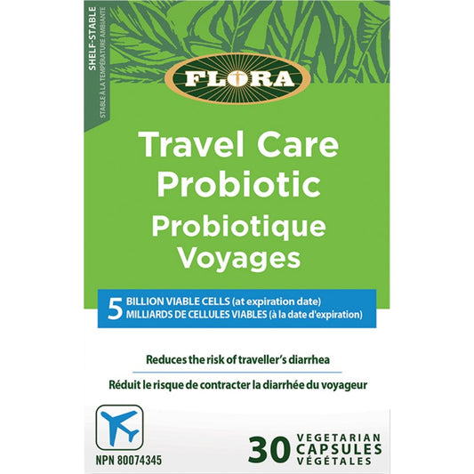 Flora Travel Care Probiotic 5 Billion CFU Saccharomyces boulardii (Shelf Stable), 30 Vegetarian Capsules