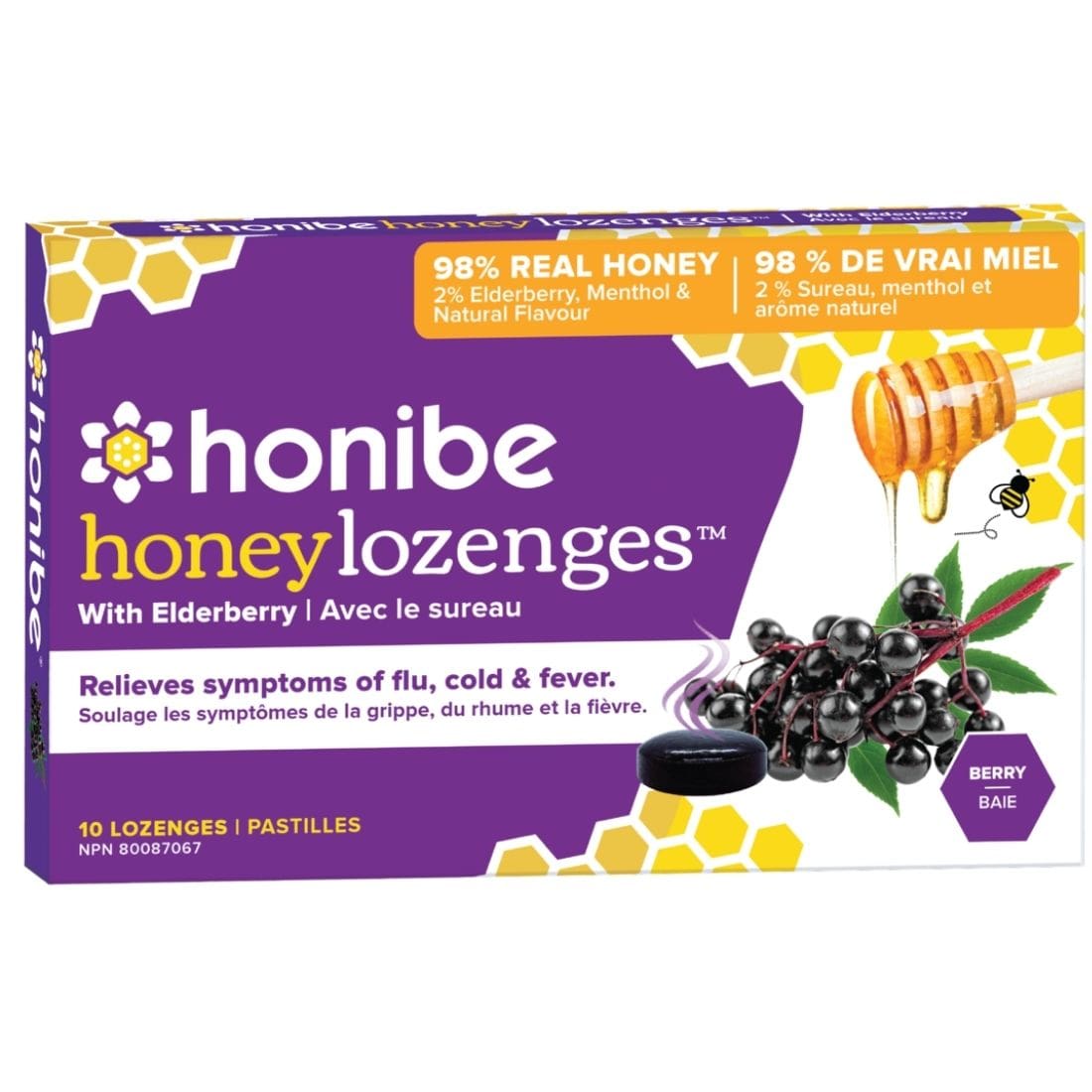 Honibe All Naural Elderberry Throat Lozenge (Sore Throat, Cough, Fever), 10 Lozenges