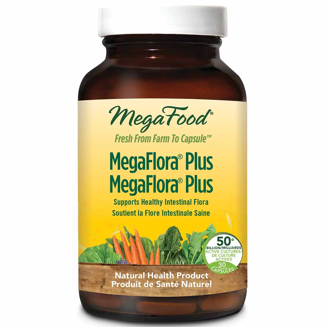 MegaFood MegaFlora Plus Probiotic Supplement 50 Billion Active Probiotics, 30 Capsules