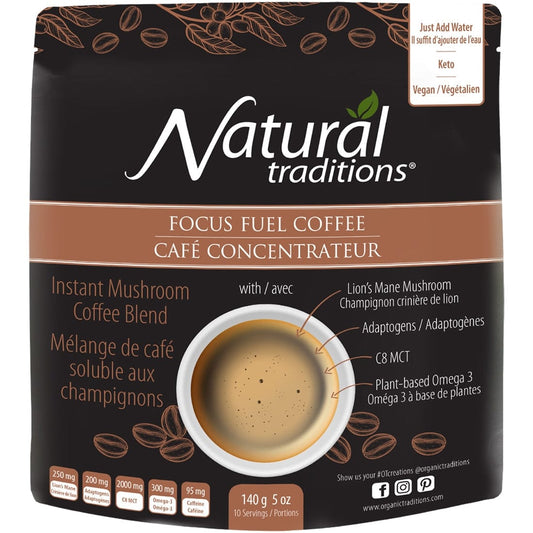 Natural Traditions Focus Fuel Coffee, Instant Blend (w/ Lion’s Mane Mushroom, Adaptogens, C8 MCT & Plant-based Omegas)