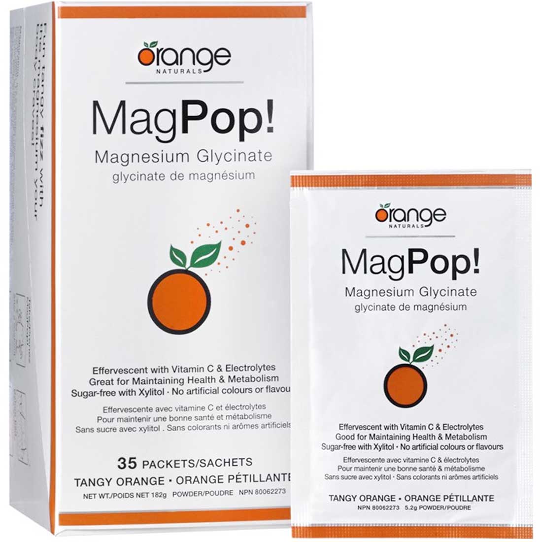 Orange Naturals MagPop! Magnesium Glycinate 100mg Effervescent Drink Mix with Vitamnin C, 35 Packets