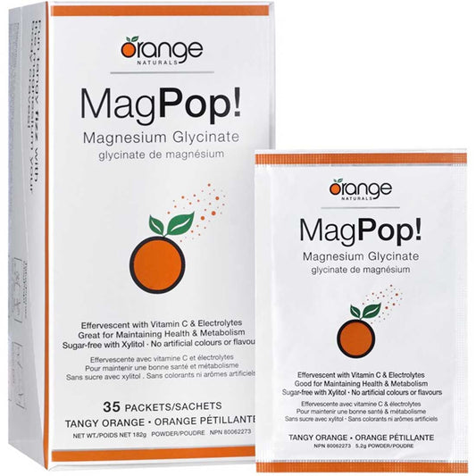 Orange Naturals MagPop! Magnesium Glycinate 100mg Effervescent Drink Mix with Vitamnin C, 35 Packets