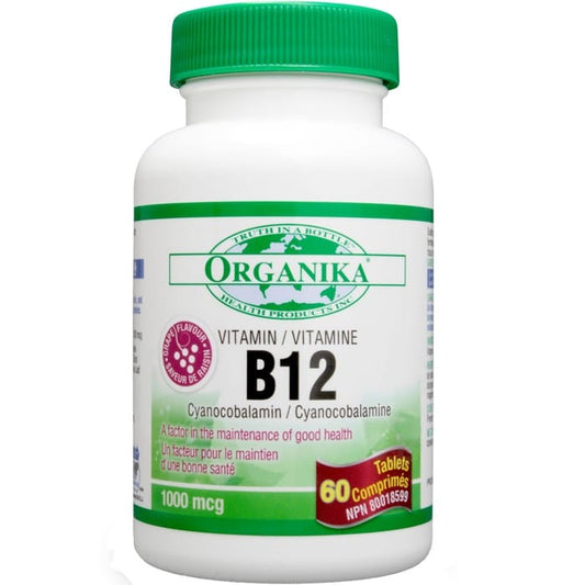 Organika Vitamin B12, Cyanocobalamin, Grape Flavour, 1000mcg, 60 Tablets