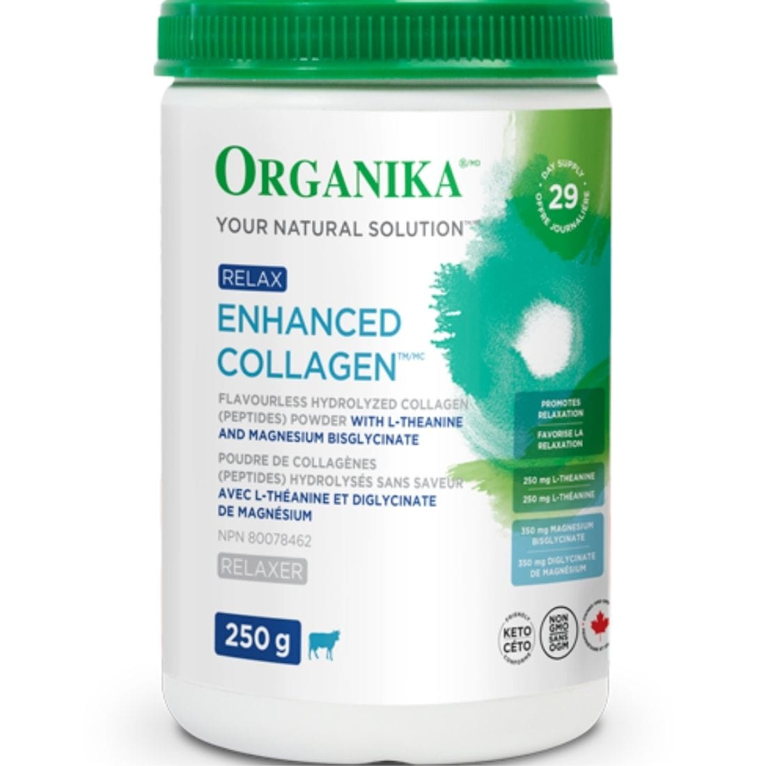 Organika Enhanced Relax Collagen with Magnesium & L-Theanine (Flavourless Hydrolyzed Collagen Peptides), 250g