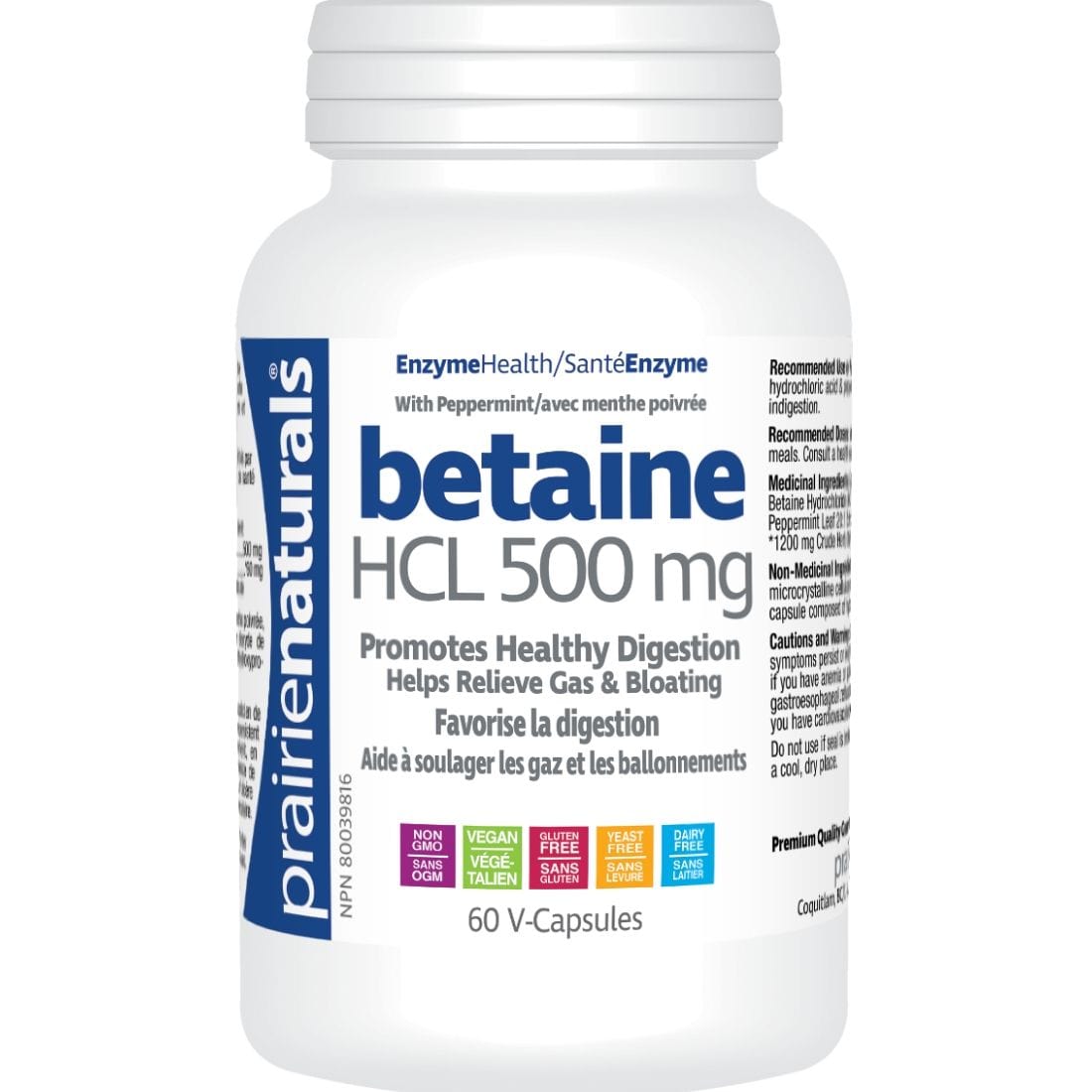 Prairie Naturals Betaine HCL 500mg Plus Peppermint 60mg