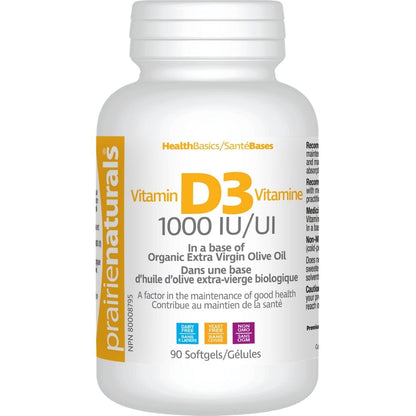 Prairie Naturals Vitamin D 1000IU Softgels in a Base of Organic Olive Oil