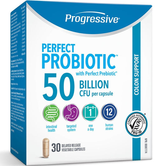 Progressive Perfect Probiotic Colon Support 50 Billion CFU Delayed Release , 30 Vegetable Capsules - Store in Fridge