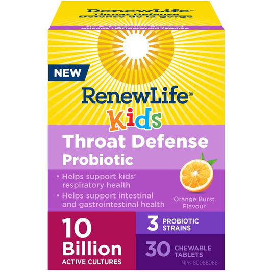 Renew Life Kids Throat Defense Probiotic, 30 Chewable Tablets (Shelf Stable)