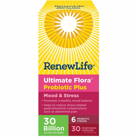 Renew Life Ultimate Flora Probiotic Plus Mood & Stress 30 Billion, 30 Capsules - Store in Fridge