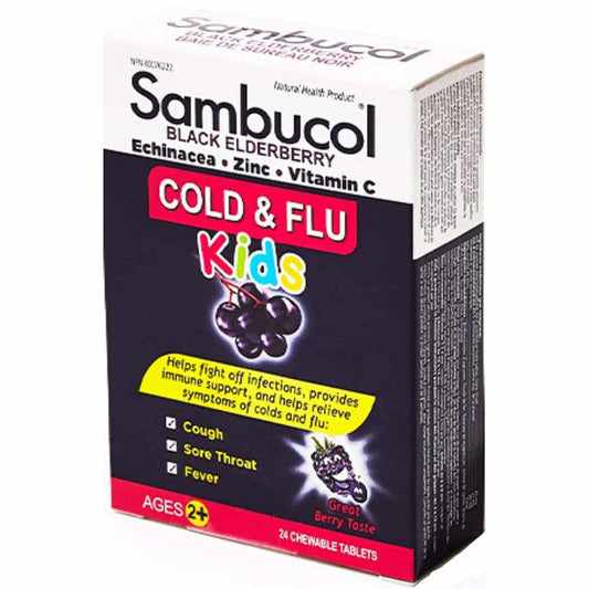 Sambucol Cold & Flu For Kids (Chewable Elderberry, Echinacea, Zinc & Vitamin C), 24 Chewable Tablets
