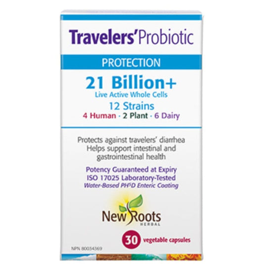 New Roots Travelers’ Probiotic 21 Billion Live Active Whole Cells, 30 Vegetable Capsules (Store in Fridge)