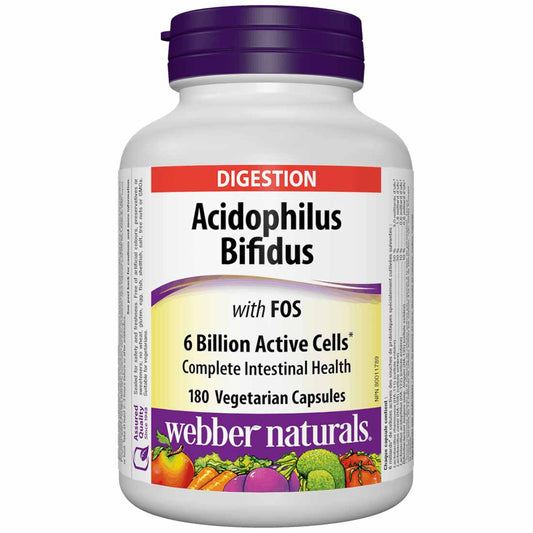 Webber Naturals Acidophilus with Bifidus & FOS, 6 Billion Active Cells, 180 Vegetarian Capsules