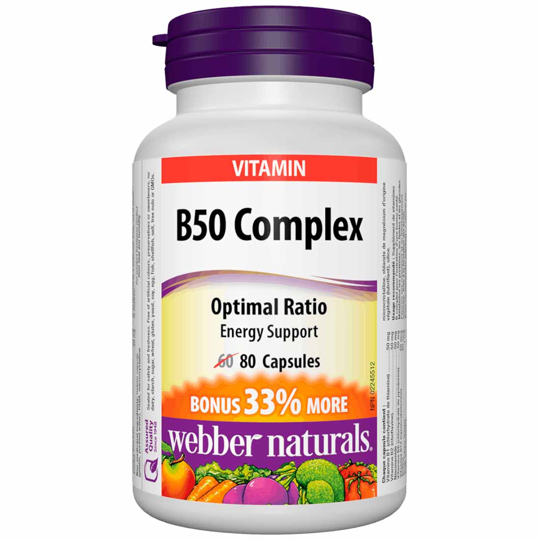 Webber Naturals B50 Complex 50mg, BONUS 33% More, 80 Capsules