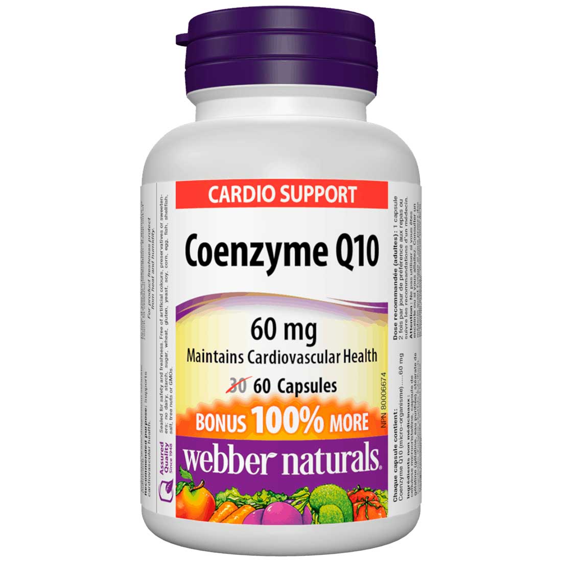 Webber Naturals Coenzyme Q10 60mg, BONUS SIZE, 100% More, 30+30 Capsules