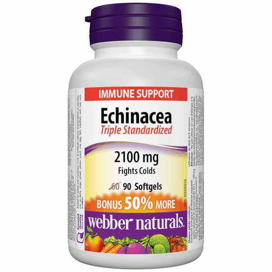 Webber Naturals Echinacea 2100mg, Standardized Herb Extract, 8:1 extract, BONUS SIZE, 50% More, 60+30 Softgels