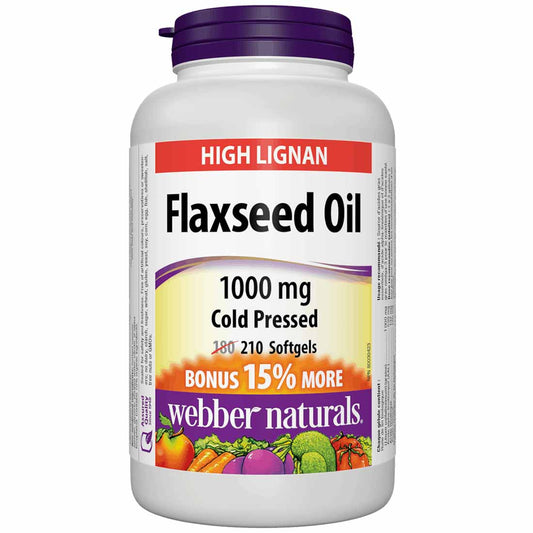 Webber Naturals Flaxseed Oil 1000mg, Certified Organic, Cold Pressed, BONUS SIZE 180+30 Softgels